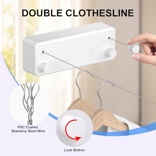 Retractable Clothesline Indoor - Double Clothes Line Retracting Outdoor Stainless Steel Clothes Line for Hanging Clothes - Wall Mounted Laundry Line (White)