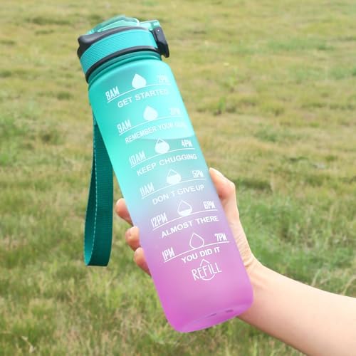 ECVV® 1L Motivational Water Bottle with Time Marker & Encourage Phrase - BPA Free, Leakproof Wide Mouth, Fast Flow Technology, Perfect for Daily Hydration(Green,Purple)