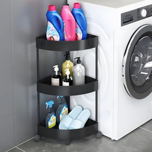 Aputue Shower Caddy Corner Shelves, 3-Tier Black Bathroom Shelving Unit Cart with Wheel, Plastic Shower Caddy Organizer Shelf, Rust Proof Corner Open Storage Cart for Bathroom, Kitchen