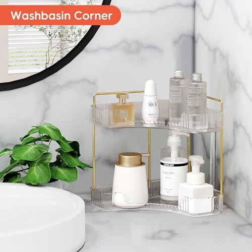 Angju 2-Tier Corner Bathroom Counter Organizer, Bathroom Countertop Perfume Tray and Vanity Organizer, Makeup Cosmetic Storage, Corner Storage Organizers for Bathroom,Dresser,Kitchen (White)
