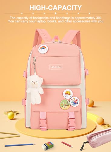 School Bag for Girls, 4Pcs Cute Backpack Set with Pendant Lunch Bag, Pencil Case, Handbag, Coin Purse for Teen Girls School Backpack