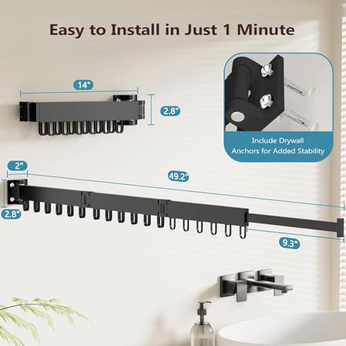 Heavy Duty Retractable Clothes Drying Rack - Wall Mounted Space Saving Aluminum Laundry Hanger Rack with Folding Arms & 18 Hooks for Indoor, Balcony, Outdoor Use (Black)