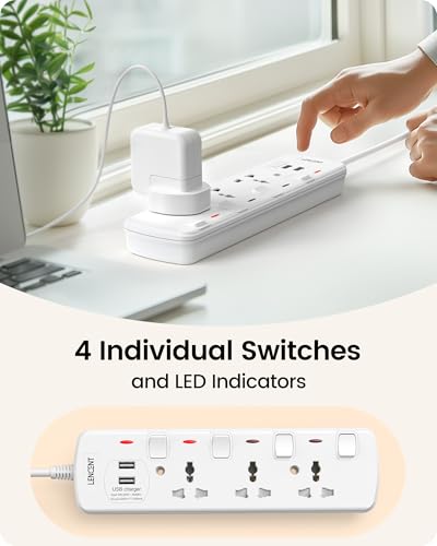 LENCENT Extension Lead with USB Slots, 3 Way Sockets Outlet Power Strips with 2 USB Ports, Universal Plug Adapter with 2M Extension Cord, Charging Station for Home, Office, Individually Switched