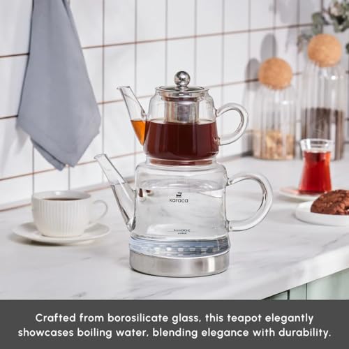 Karaca Dora Glass Teapot, 450 ml, Kettle 180 ml, Suitable for Gas and Electric Cooking Systems, Tea Maker, Caydanlik, and Teapot Set, Teapot