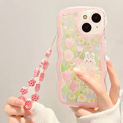 NITITOP Compatible for iPhone 13 Case, Cute Clear Cartoon Floral Rabbit with Heart Beaded Lanyard Wrist Strap for Women Girly, Soft TPU Full Protective Cover- Flower Rabbit