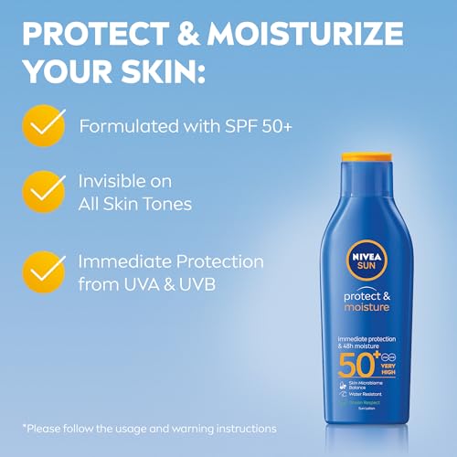 NIVEA SUN Lotion, Protect & Moisture, SPF 50+, Very High and Immediate UVA & UVB Protection, 48H Moisture, Water Resistant, Skin Microbiome Balance, 200ml