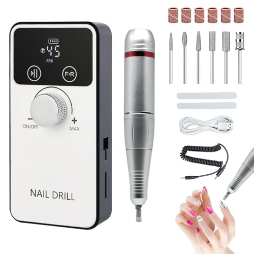 Azulmart Electric Nail File Set 6 In 1 Professional Nail Drill Kit Machine 45000RPM Speed Adjustable Manicure Pedicure Polishing Shape Tools Rechargeable Portable with 2 Nail Bits for Women Salon Home