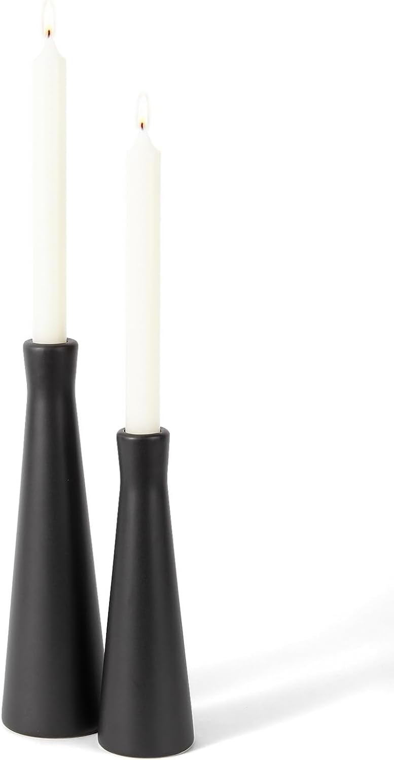 Candle Holders Set of 2, Azonee Ceramic Black Pillar Candle Holders, Modern Decorative Candlestick Holders for Home, Wedding & Party Decor