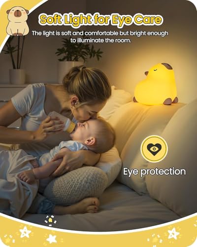 Capybara LED Cute Night Light for Kids, Silicone Rechargeable Night Light - 3 Level Dimmable Bedside Touch Lamp,Nightlight for Room Decor, Cute Gifts Stuff for Boys Girls Baby Children
