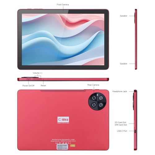 C idea 10.1 inch Tablet,8GB Tablet PC with Android 13,Dual SIM,5G LTE 1280x800 IPS HD Touch Screen,Long Lasting Battery Tablet,CM8800 Plus (Red)