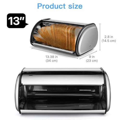 Bolivia's Bread Box for Kitchen, Stainless Steel Bread Box, Roll up Top Lid for Kitchen Countertop, Metal Large Boxs for Homemade Cake Buns Pastries Cookies (34� 23� 14.5cm)