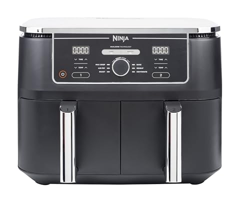 Ninja Foodi MAX Dual Zone Digital Air Fryer, 2 Drawers, 9.5L, 6-in-1, Uses No Oil, Air Fry, Max Crisp, Roast, Bake, Reheat, Dehydrate, Cook 8 Portions, Non-Stick Dishwasher Safe Baskets, Black AF400ME