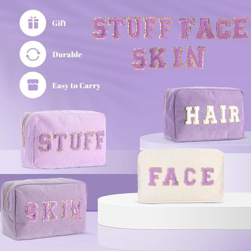 Pinkunn 4 Pcs Preppy Makeup Bags Christmas Chenille Letter Bag Face Skin Hair Stuff Cosmetic Bag Corduroy Makeup Pouch with Zipper Birthday Gifts for Women(Purple, Pink, White, Blue,Corduroy)