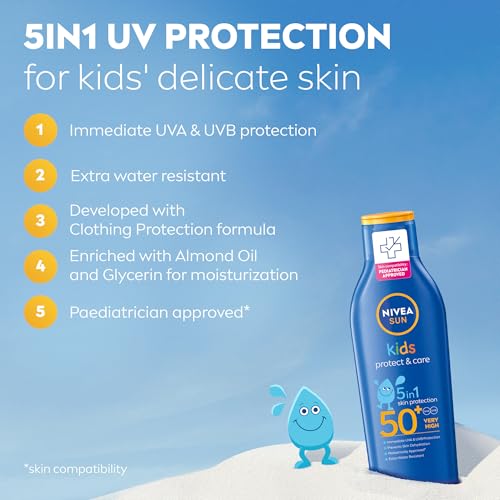 NIVEA SUN Kids Sunscreen Lotion, Protect & Care, SPF 50+, 5in1 Skin Protection, Very High and Immediate UVA & UVB Protection, Extra Water Resistant, 200ml