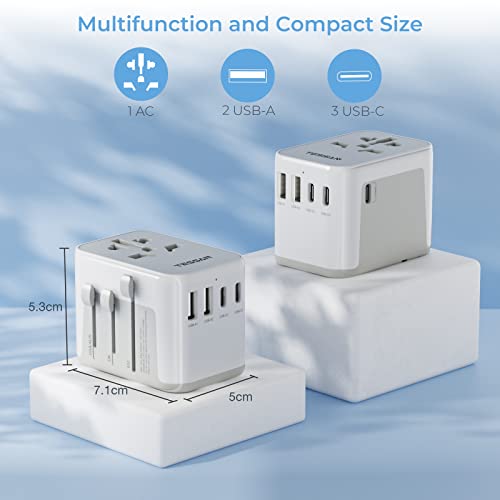 TESSAN Universal Adapter, Worldwide Travel Plug Adaptor with 2 USB A and 3 USB C Ports, International Travel Adapter for EU, UK, USA, AU, Power Socket Charger for Multi Countries