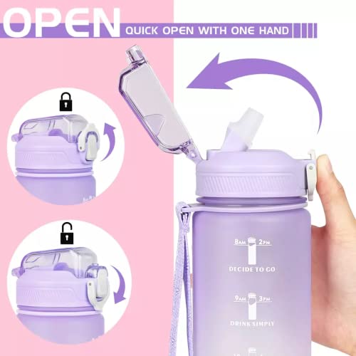 iLLYS Water Bottle 1L / 32oz with Motivational Time Marker Straw Strainer Sport Plastic Bottles for kids Fitness Gym Office Outdoor Sports and Exercise Leak Proof (Purple & Pink)