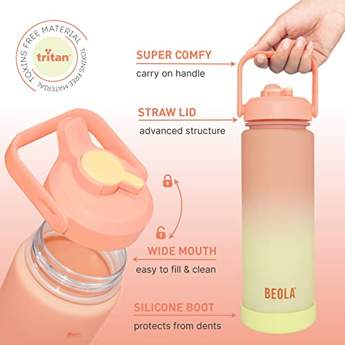 BEOLA 1000ml, 750ml, Motivational Water Bottle with Time Markers and Straw Lid, Tritan Plastic, BPA BPS FREE Leak Proof and Drop Resistant Office Bottles, 32oz, 25oz (Coral Blend, 750ml)