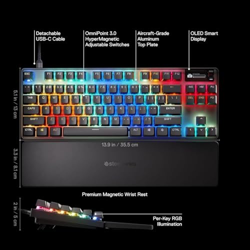 SteelSeries Apex Pro TKL Gen 3 - OmniPoint 3.0 HyperMagnetic Switches - Adjustable Actuation - Rapid Trigger - Game-Ready Presets - Protection Mode - Rapid Tap/SOCD - OLED - US Layout (QWERTY)