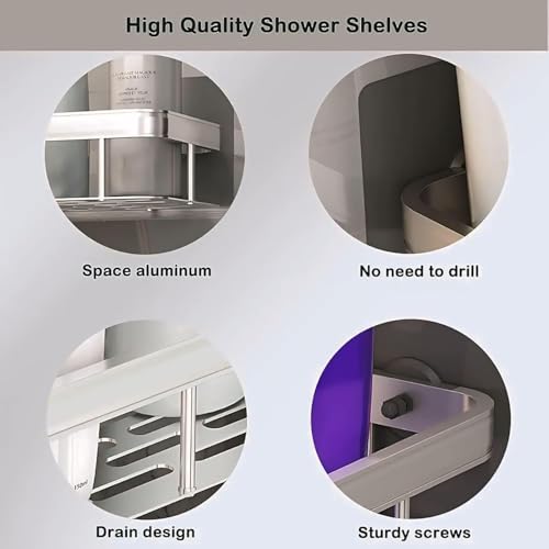 Shower Caddy Silver, Self Adhesive 2 Pack Shower Shelves with Hooks, Bathroom Organizer and Storage, No Drilling Rust Proof Aluminum Shower Racks, Bathroom Accessories