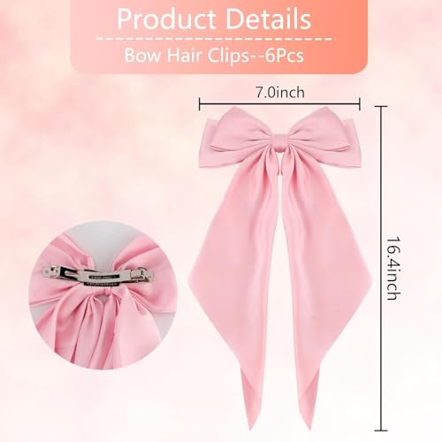 6PCS Silky Satin Hair Bows for Women, Large Soft Bow Hair Clips with French Barrette, Elegant Hairpin Accessories for Girls, 6 Colors