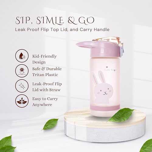 Twisoo Splash Tritan Plastic Kids Water Bottle with Straw, Leak Proof Flip Top Lid, and Carry Handle - 550 ml Durable Sports Water Bottle for Kids, Perfect for School, Travel, and Everyday Use (Pink)