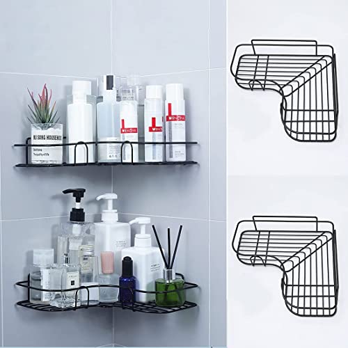 Sky-Touch 2Pcs Corner Shower Shelves,Self Adhesive No Drilling Wall Mounted Shower Storage Shelf Organizer For Your Bathroom, Kitchen And Toilet,Iron Art,Black