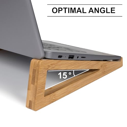 Bamboo Wooden Laptop Stand, Portable Desk Laptop Holder for Tablet with Carry Pouch, Compact Travel Laptop Stand with Protective Silicone Pads, Suitable for Home Office and Travel Use