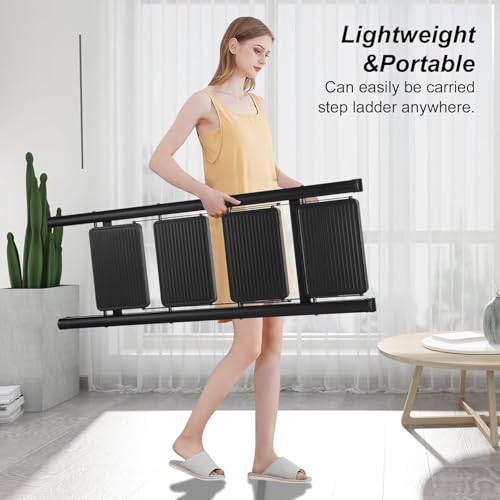MOMENT 4 Step Ladder Folding, Sturdy 150kg Small Step Stool for Adults, Safer Full Steel Multi-use Kitchen Ladder for Home, Closet Step Stool Ladder with Anti-Slip Wide Pedals, Black