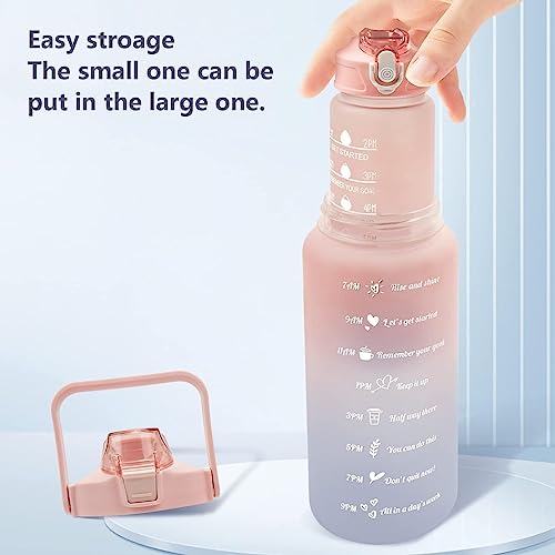 3 Pack Sports Water Bottle With Straw,2L+900ml+500ml Measured Plastic Drinking BPA Free Non-Toxic Sports Drinks Time Markings Motivational Fitness (Pink)