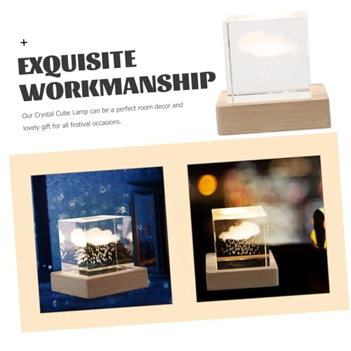 Rain Cloud Crystal Cube Night Light, Crystal Cube Lamp For Bedroom, Wooden Base Romantic Night Lamp For Home Decor Gentle Light, Birthday Gift For Teens Boys and Girls, Rainy Cloud Model