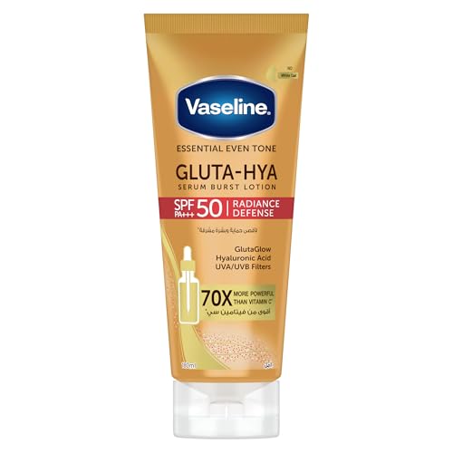 Vaseline Gluta-Hya Serum Burst Lotion, Radiance Defense, SPF 50 PA+++, with GlutaGlow Technology, Hyaluronic Acid and UVA/UVB Filters, 70x More Powerful than Vitamin C, 180ml