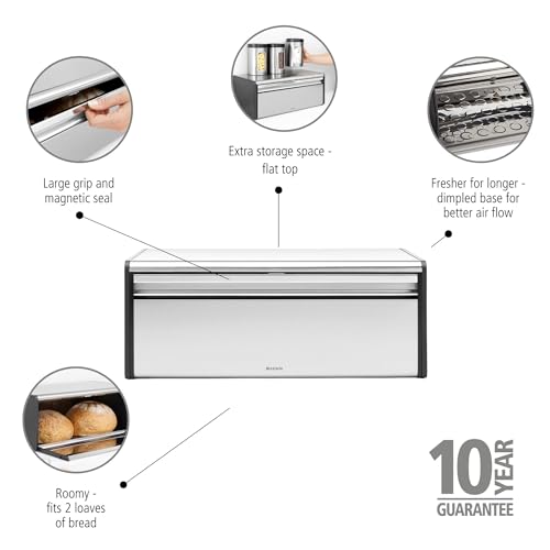 Brabantia Fall Front Bread Box - Brilliant Steel with Black Sides, 163463