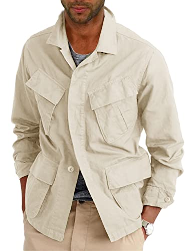 Runcati Mens Lightweight Safari Jacket Button Up Cotton Outdoor Military Cargo Long Sleeve Outwear