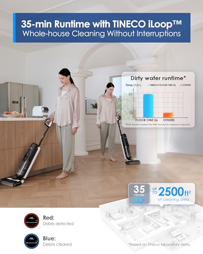Tineco Floor ONE S6 Cordless Wet Dry Vacuum Floor Cleaner Mop All-in-One for Hard Floors, LED Display, Long Runtime, Floor Washer Great for Sticky Messes, Dual-Sided Edge Cleaning, Self-Cleaning