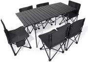 YU WELL Portable Roll-Up Camping Table with 4 Chairs, Lightweight Aluminum Folding Picnic Table Set with Carry Bag, Waterproof, Rust-Resistant Outdoor Table & Chair for Camping 95X55X50CM Black - Black Table 120X55X50CM With 6 Chairs