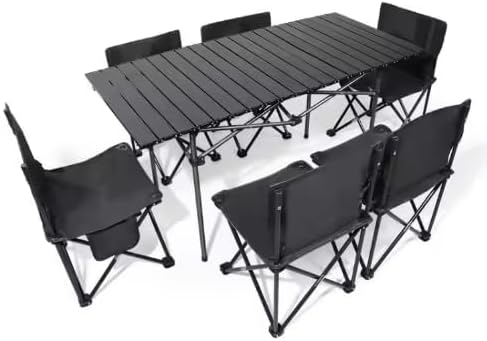 YU WELL Portable Roll-Up Camping Table with 4 Chairs, Lightweight Aluminum Folding Picnic Table Set with Carry Bag, Waterproof, Rust-Resistant Outdoor Table & Chair for Camping 95X55X50CM Black - Black Table 120X55X50CM With 6 Chairs