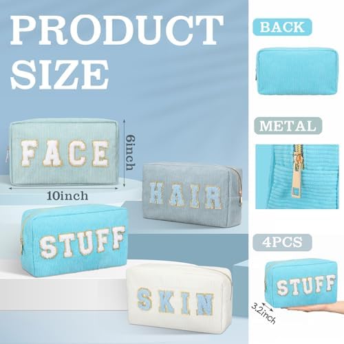 Pinkunn 4 Pcs Preppy Makeup Bags Christmas Chenille Letter Bag Face Skin Hair Stuff Cosmetic Bag Corduroy Makeup Pouch with Zipper Birthday Gifts for Women(Purple, Pink, White, Blue,Corduroy)