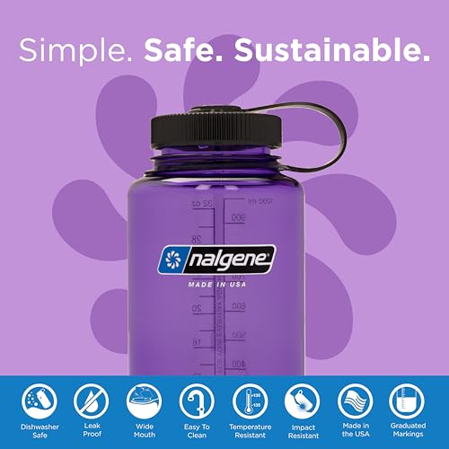 Nalgene Sustain Tritan BPA-Free Water Bottle Made with Material Derived from 50% Plastic Waste, 32 OZ, Wide Mouth, Purple