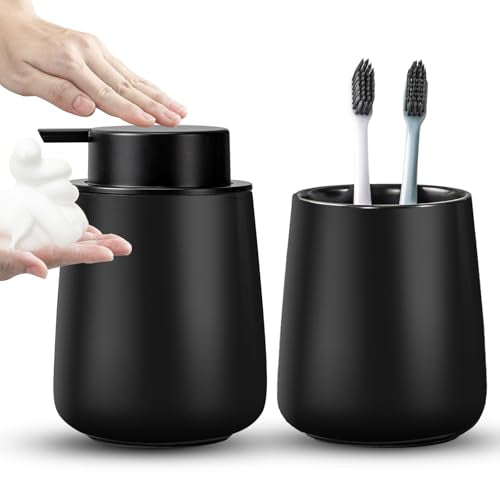 AZMOYAC Ceramic Bathroom Accessory Set 2 Pcs, Toothbrush Holder Set, Foaming Hand Soap Dispenser, Modern Home Aesthetic Bathroom Decor, Bathroom Organizer for Modern Bathrooms, Matte Black