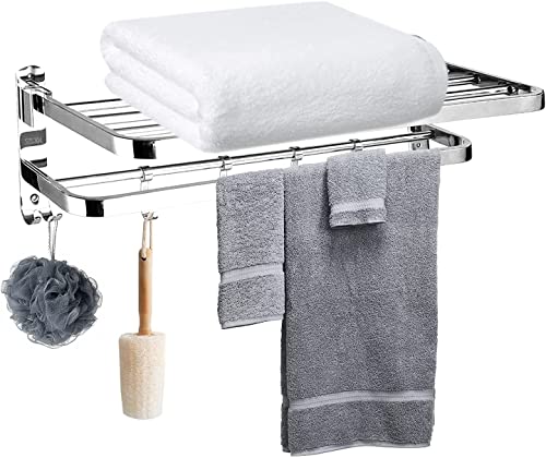 AUTOYSUR Bathroom Towel Rack, Towel Shelf with Two-Tier Architecture, Folding Towel Bars Wall Mount Holder, 5 Removable Hooks and Adjustable Towel Bar, Toilet Bathroom Bath Towel Cleaning Tools Holder