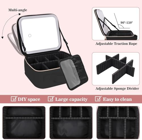 MOMENT Makeup bag with LED mirror, Travel Makeup Bag 3 Adjustable Brightness LED makeup bag with mirror and Dividers suitable for your Jewelry, Essential oil,Toiletries storage and makeup daily Pink