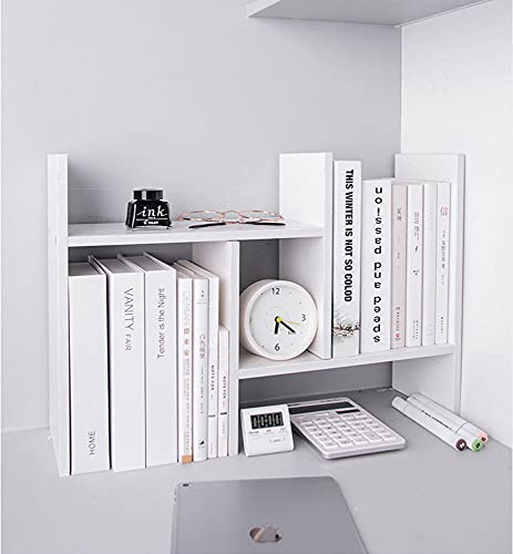 TKAS Desktop Organizer Bookshelf Office Storage Rack Adjustable Wood Display Shelf Home Decor Free Style Rotation Countertop Bookcase Office Supplies Desk Organizer Accessories (White)