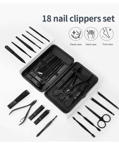 Professional Nail Clippers Set 18 pcs, KASTWAVE Black Stainless Steel Sharp Nail Trimmer Pedicure and Manicure Set with Cortex Metal Case for Men and Women
