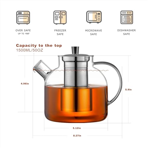 1500ml(50oz) Glass Teapot with Removable Stainless Steel Infuser Strainer,Borosilicate Heat Resistant Stovetop Safe Large Tea Pot, Blooming and Loose Leaf Hand Crafted Kettle for Women and Adult