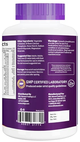 NBL Natural Multivitamin for Men 50 Plus, Multimineral Supplement, Vitamin D3, B-Vitamins and Zinc, Supports Memory and Cognition in Older Adults - 200 Tablets