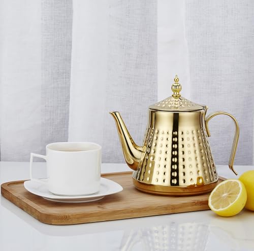 SANQIAHOME 1.2L(40oz) Stainless Steel Hammer Patterned Teapot With Removeable Infuser,Loose leaf cover,Gold