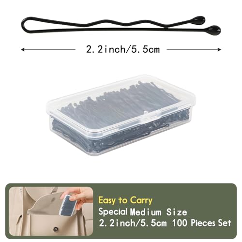 100Pcs Bobby Pins, 2.2inch Medium Wavy Black Hair Pins, All Hairstyles Strong Grip And Pain Free Pins for Girls Women With Storage box