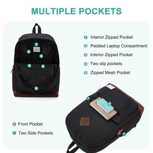 VASCHY Men's Backpack, Women's Waterproof School Bag, Boy Girl Computer 15.6 Inch Vintage for School, College, Work, Travel, Leisure