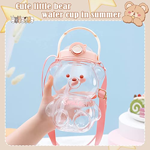 YHRY Kawaii Bear Water Bottle with Straw and Strap, Cute Water Bottles for Kids, Portable Leakproof BPA-free Drinking Cups for Girls Women Sports Camping Picnic Hiking Travel (Pink) (PINK)