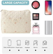 Lushandy 3 Pcs Quilted Floral Makeup Bag Set Cute Cosmetic Bag Coquette Aesthetic Makeup Bag Large Travel Makeup Organizer Toiletry Bag